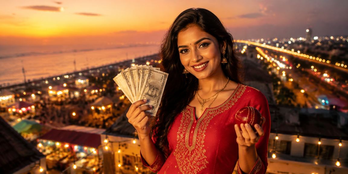 An Indian woman placing cricket bets on mobile in Chennai